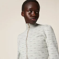 Marble Gray/tan Cotton Knit Cardigan | Miu Miu