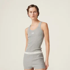 Marble Gray/tan Cotton Knit Tank Top | Miu Miu