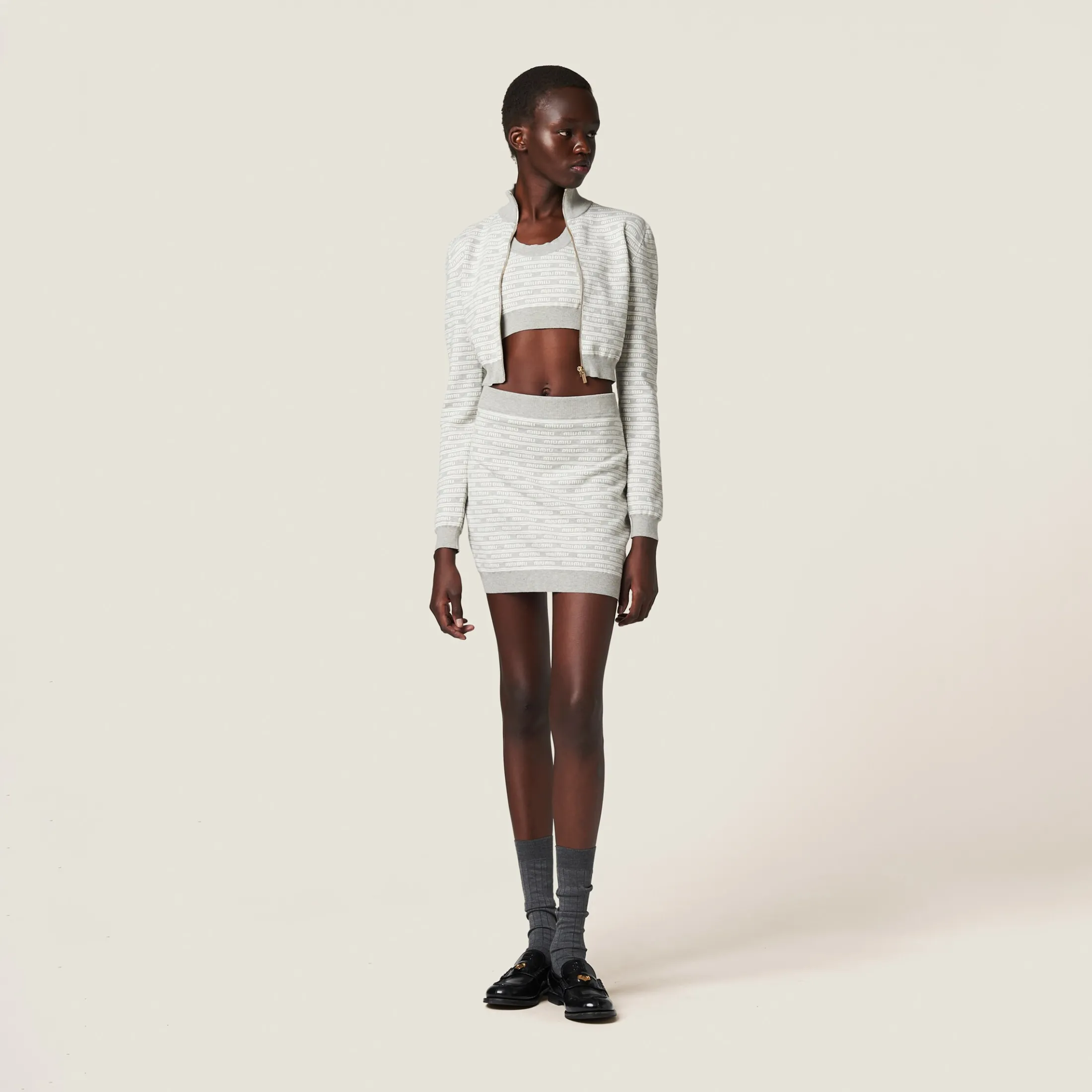 Marble Gray/tan Cotton Knit Top | Miu Miu