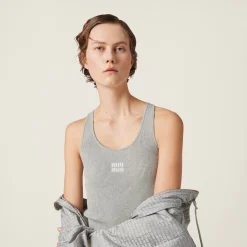 Marble Gray/tan Cotton Knit Tank Top | Miu Miu