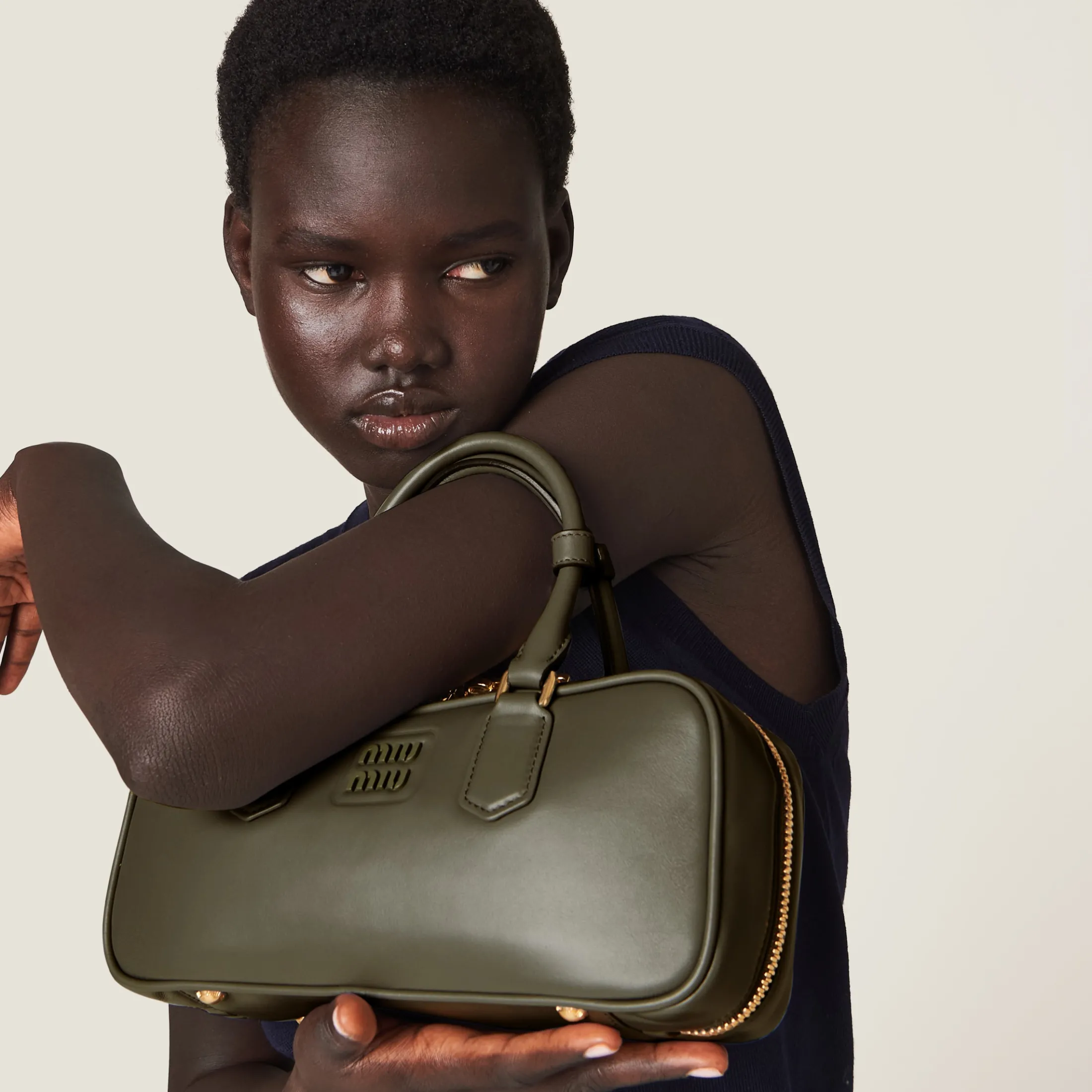 Military Green Arcadie Leather Bag | Miu Miu