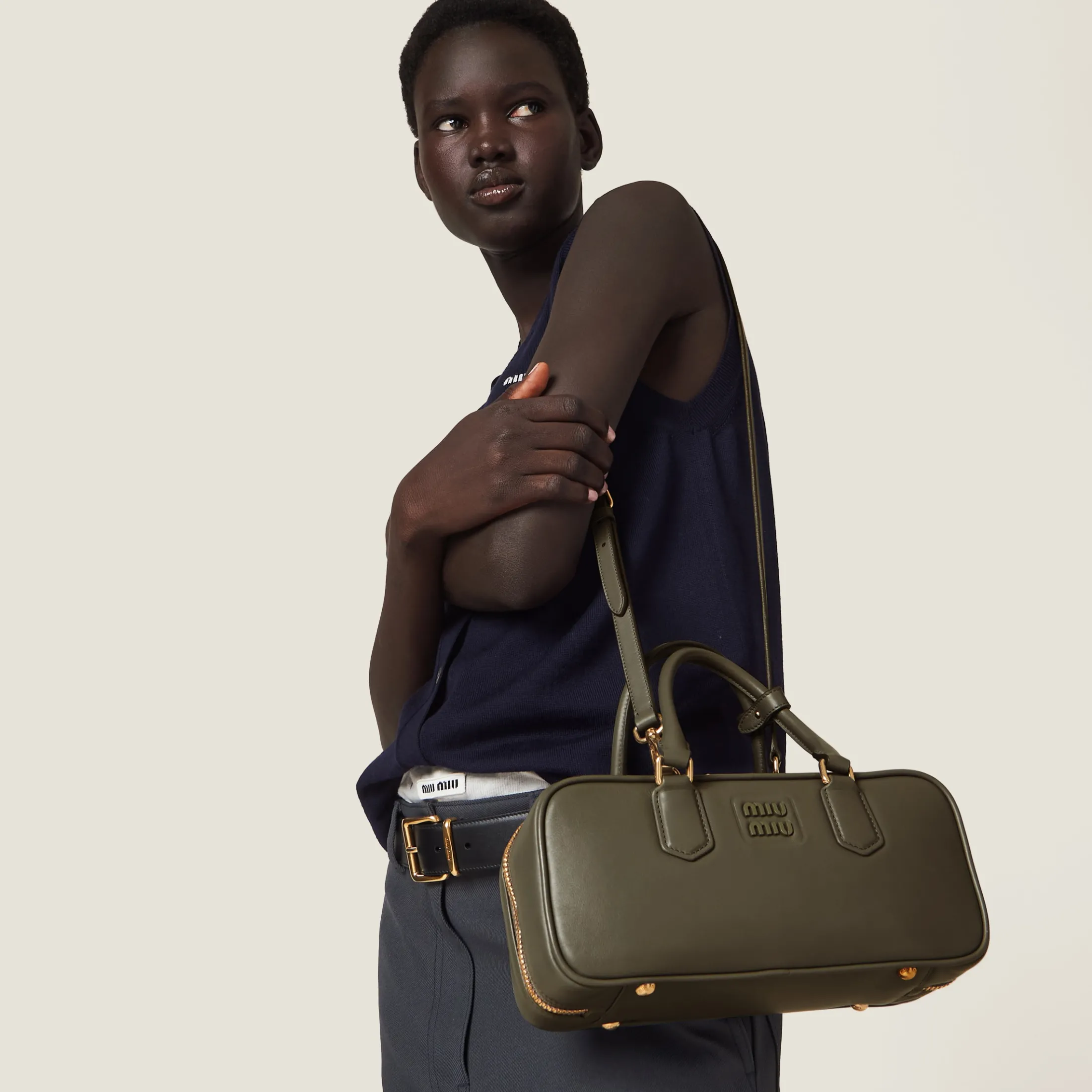 Military Green Arcadie Leather Bag | Miu Miu