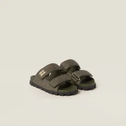 Military Green Raffia-effect Woven Fabric Slides | Miu Miu