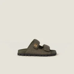 Military Green Raffia-effect Woven Fabric Slides | Miu Miu