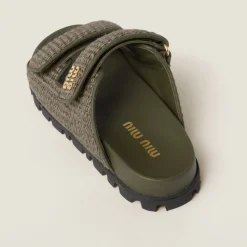 Military Green Raffia-effect Woven Fabric Slides | Miu Miu