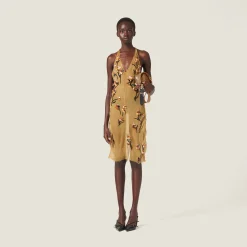 Mustard Chiffon Dress With Floral Embroidery | Miu Miu