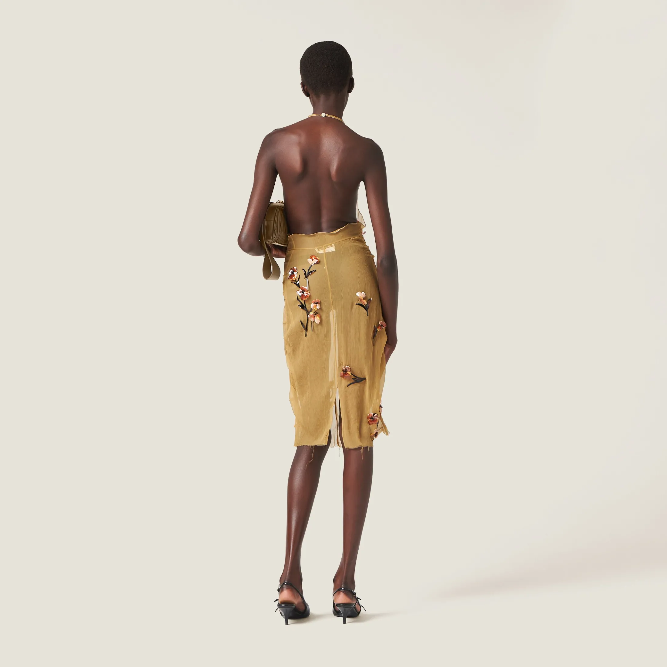 Mustard Chiffon Dress With Floral Embroidery | Miu Miu