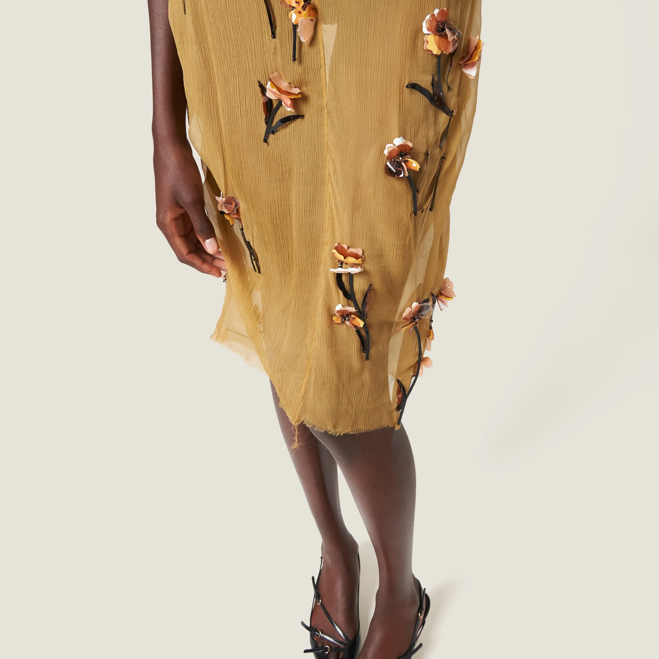Mustard Chiffon Dress With Floral Embroidery | Miu Miu