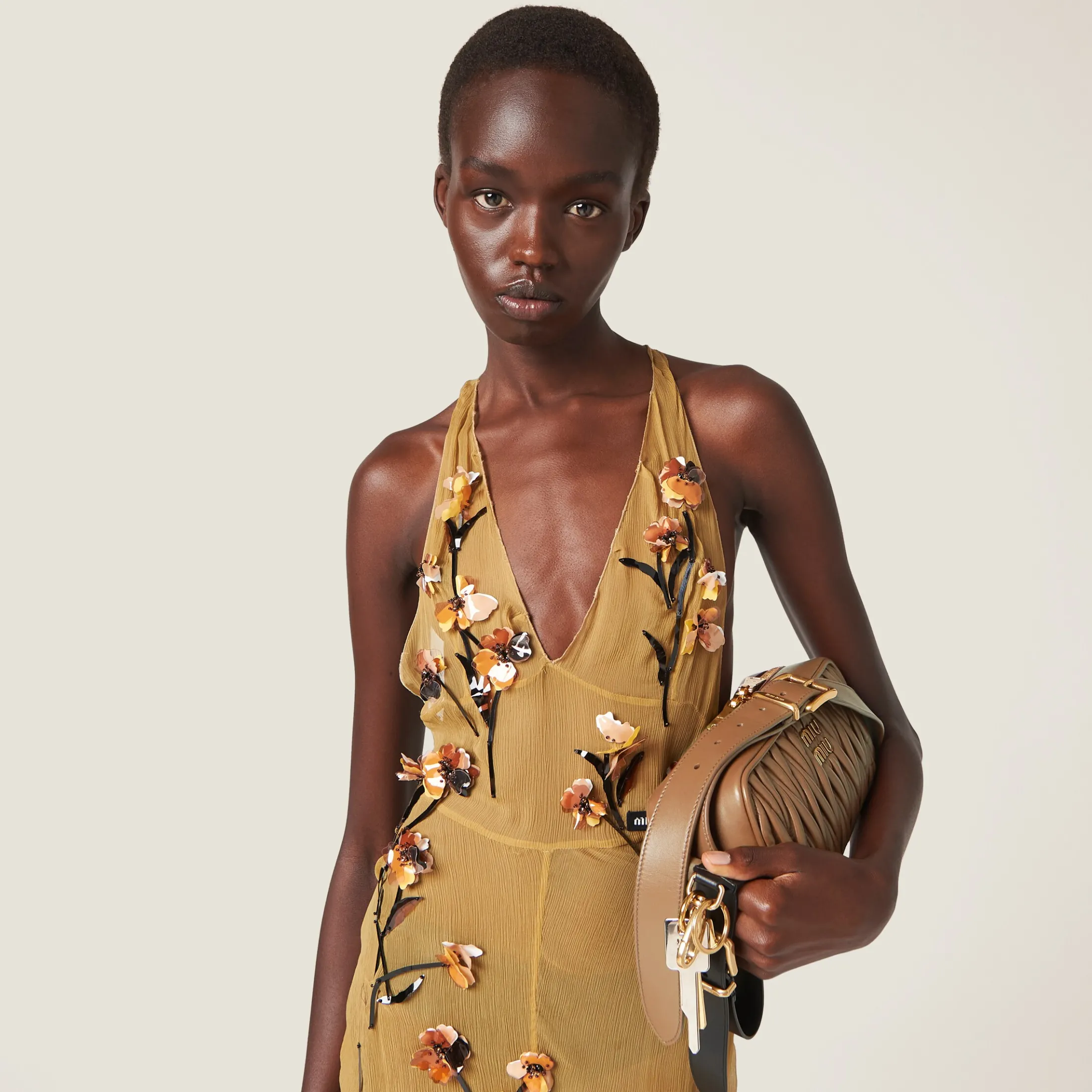 Mustard Chiffon Dress With Floral Embroidery | Miu Miu