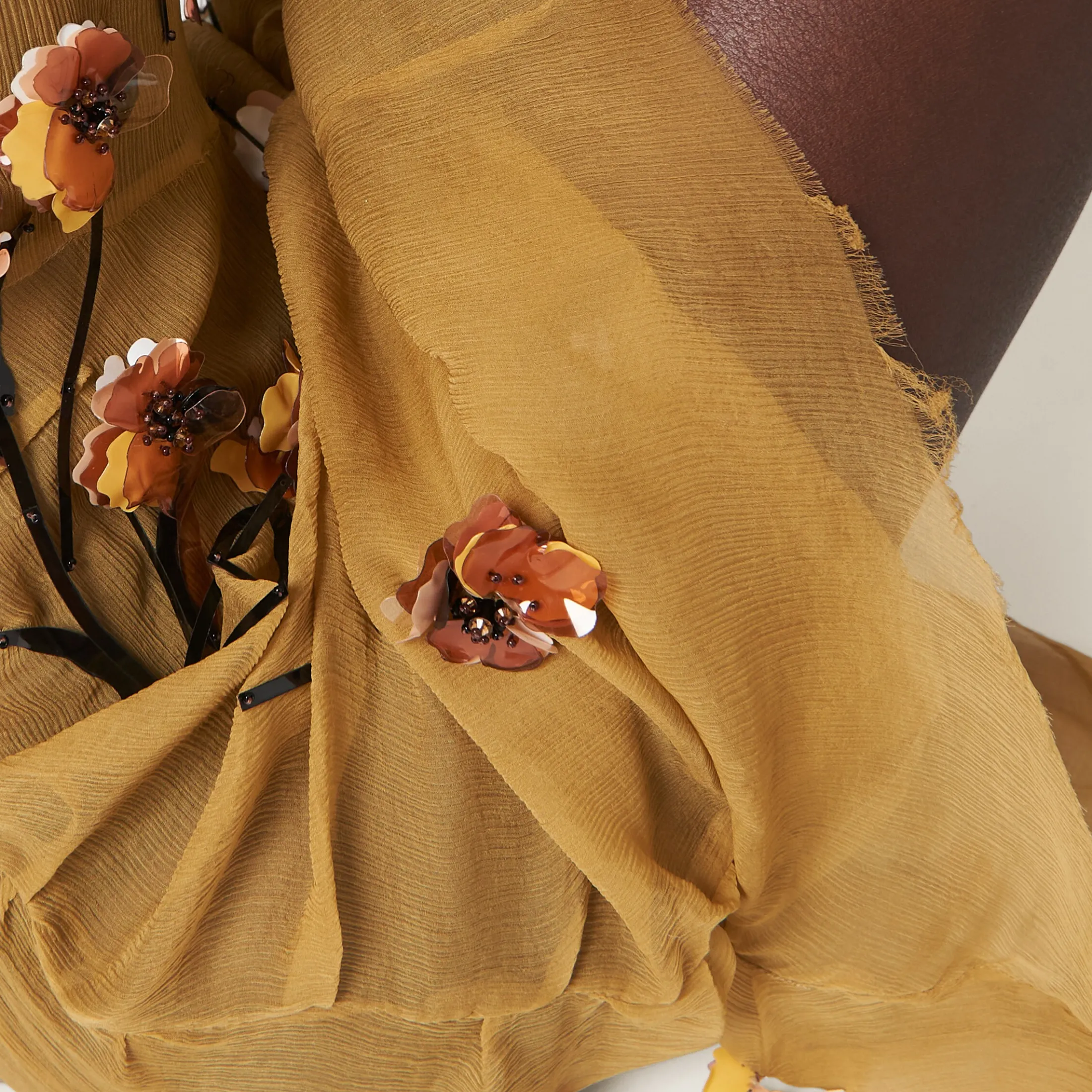 Mustard Chiffon Dress With Floral Embroidery | Miu Miu