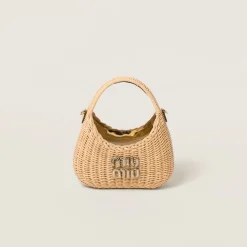 Natural / Platinum Wander Woven Raffia-effect Yarn Hobo Bag With Leather Details | Miu Miu
