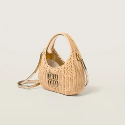 Natural / Platinum Wander Woven Raffia-effect Yarn Hobo Bag With Leather Details | Miu Miu