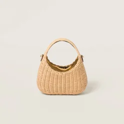 Natural / Platinum Wander Woven Raffia-effect Yarn Hobo Bag With Leather Details | Miu Miu