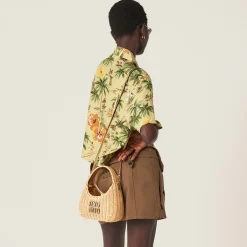 Natural / Platinum Wander Woven Raffia-effect Yarn Hobo Bag With Leather Details | Miu Miu
