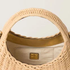 Natural / Platinum Wander Woven Raffia-effect Yarn Hobo Bag With Leather Details | Miu Miu