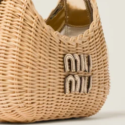 Natural / Platinum Wander Woven Raffia-effect Yarn Hobo Bag With Leather Details | Miu Miu
