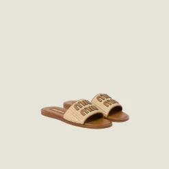 Natural Raffia-effect Woven Fabric Slides | Miu Miu