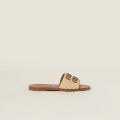 Natural Raffia-effect Woven Fabric Slides | Miu Miu