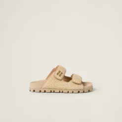 Natural Raffia-effect Woven Fabric Slides | Miu Miu