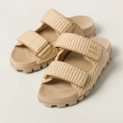 Natural Raffia-effect Woven Fabric Slides | Miu Miu