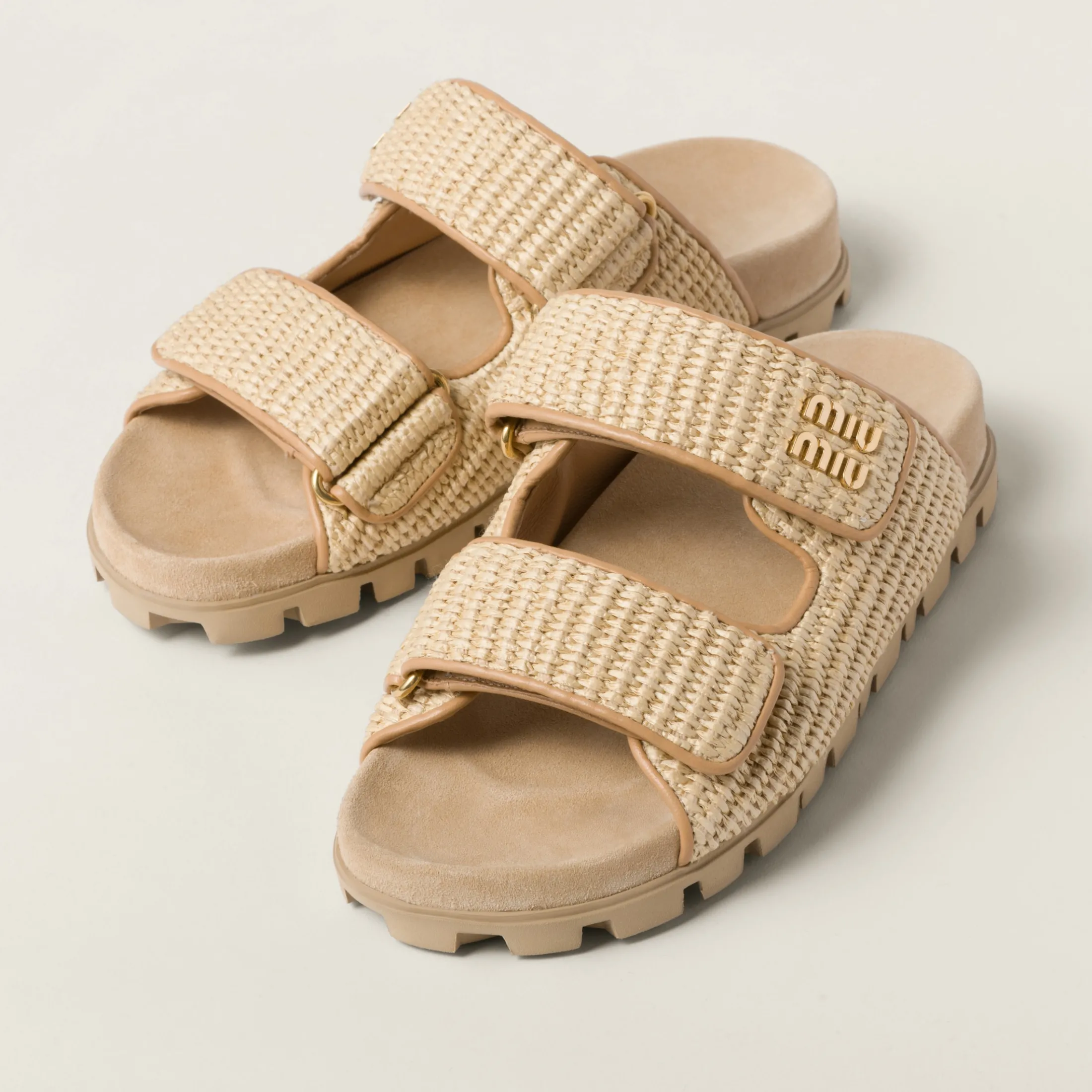 Natural Raffia-effect Woven Fabric Slides | Miu Miu