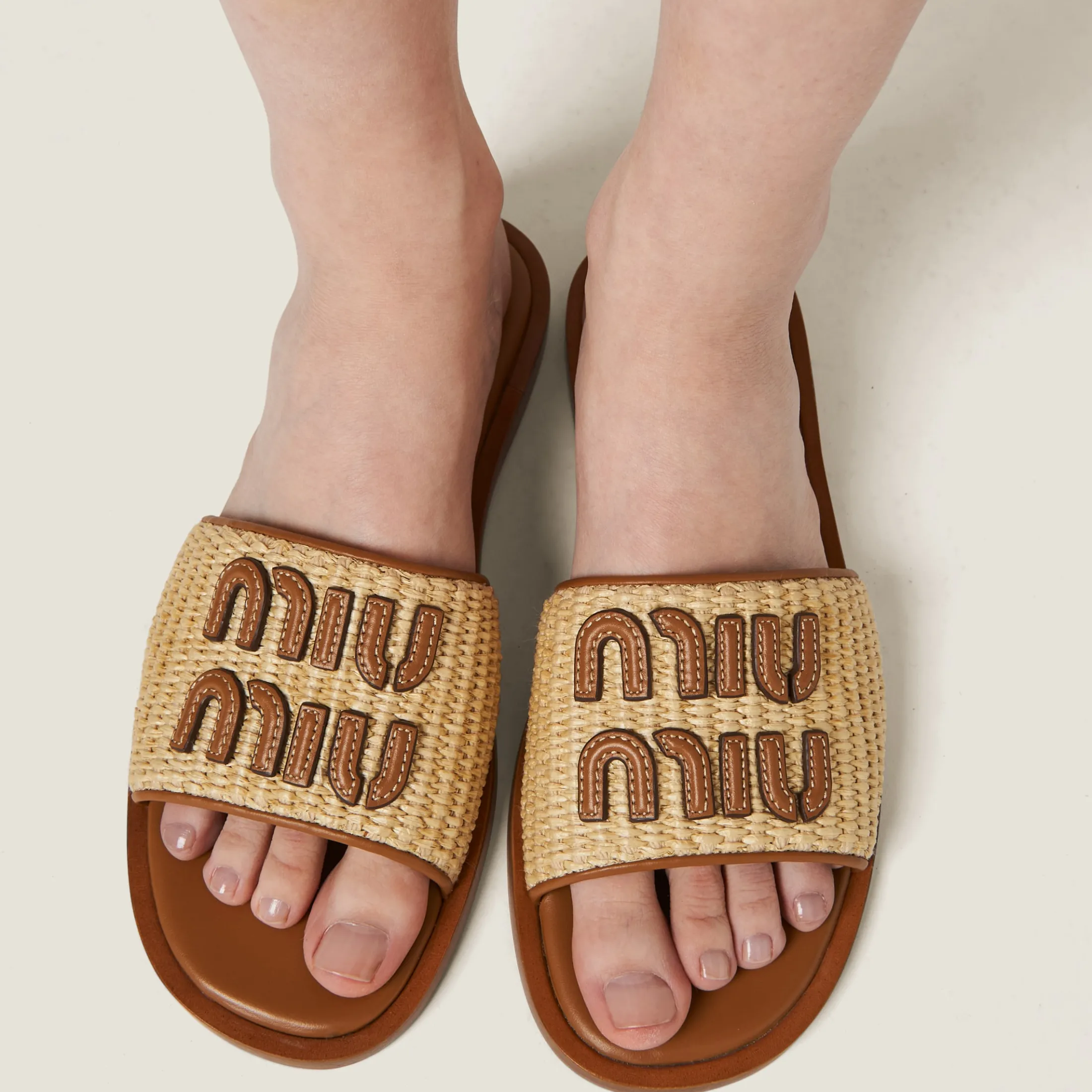 Natural Raffia-effect Woven Fabric Slides | Miu Miu