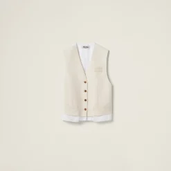 Natural Single-breasted Canvas Vest | Miu Miu