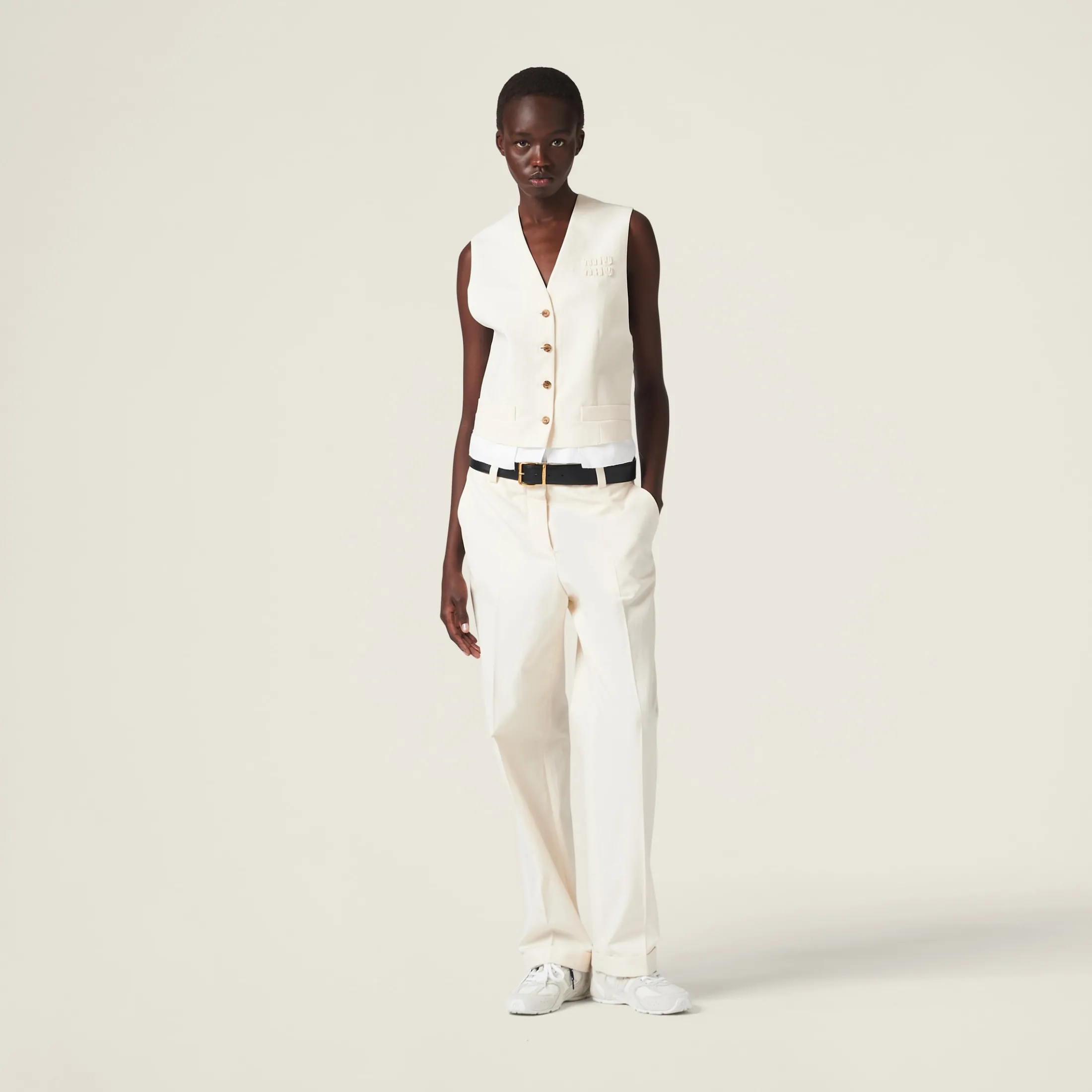 Natural Single-breasted Canvas Vest | Miu Miu