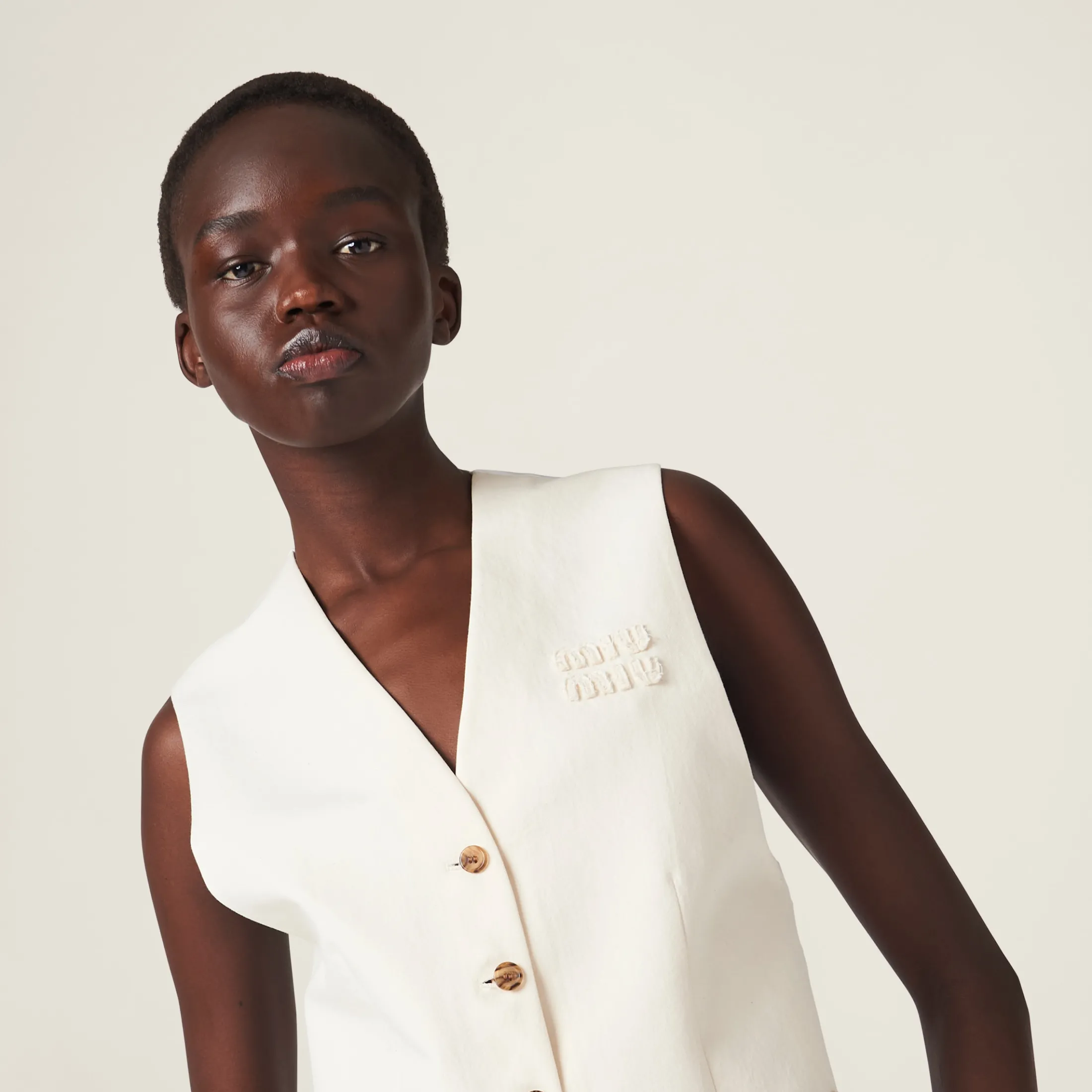 Natural Single-breasted Canvas Vest | Miu Miu
