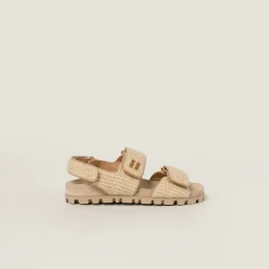 Natural Sporty Raffia-effect Woven Fabric Sandals | Miu Miu