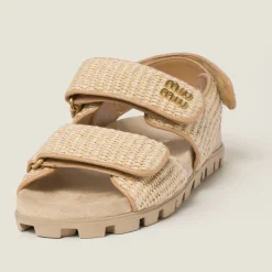 Natural Sporty Raffia-effect Woven Fabric Sandals | Miu Miu