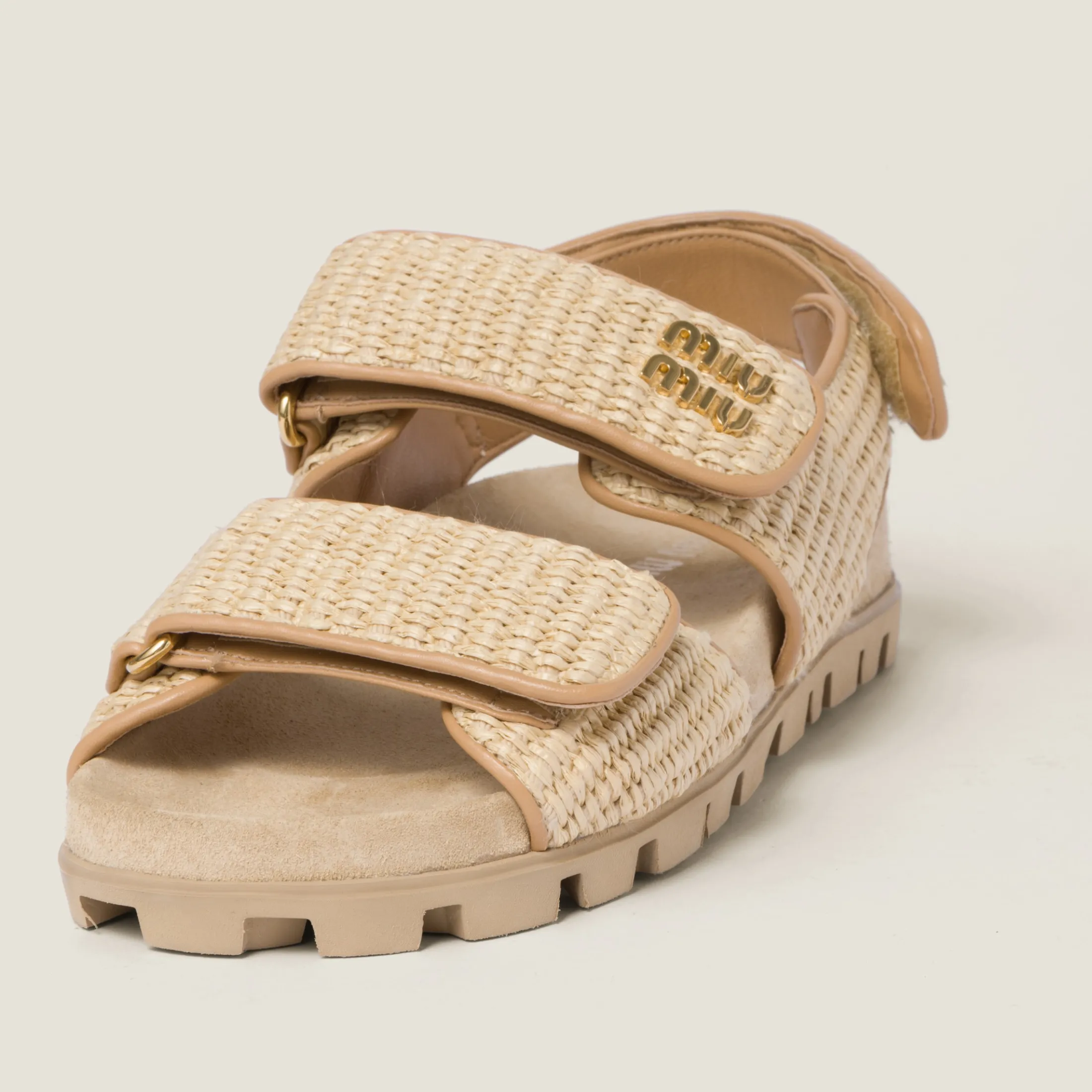 Natural Sporty Raffia-effect Woven Fabric Sandals | Miu Miu