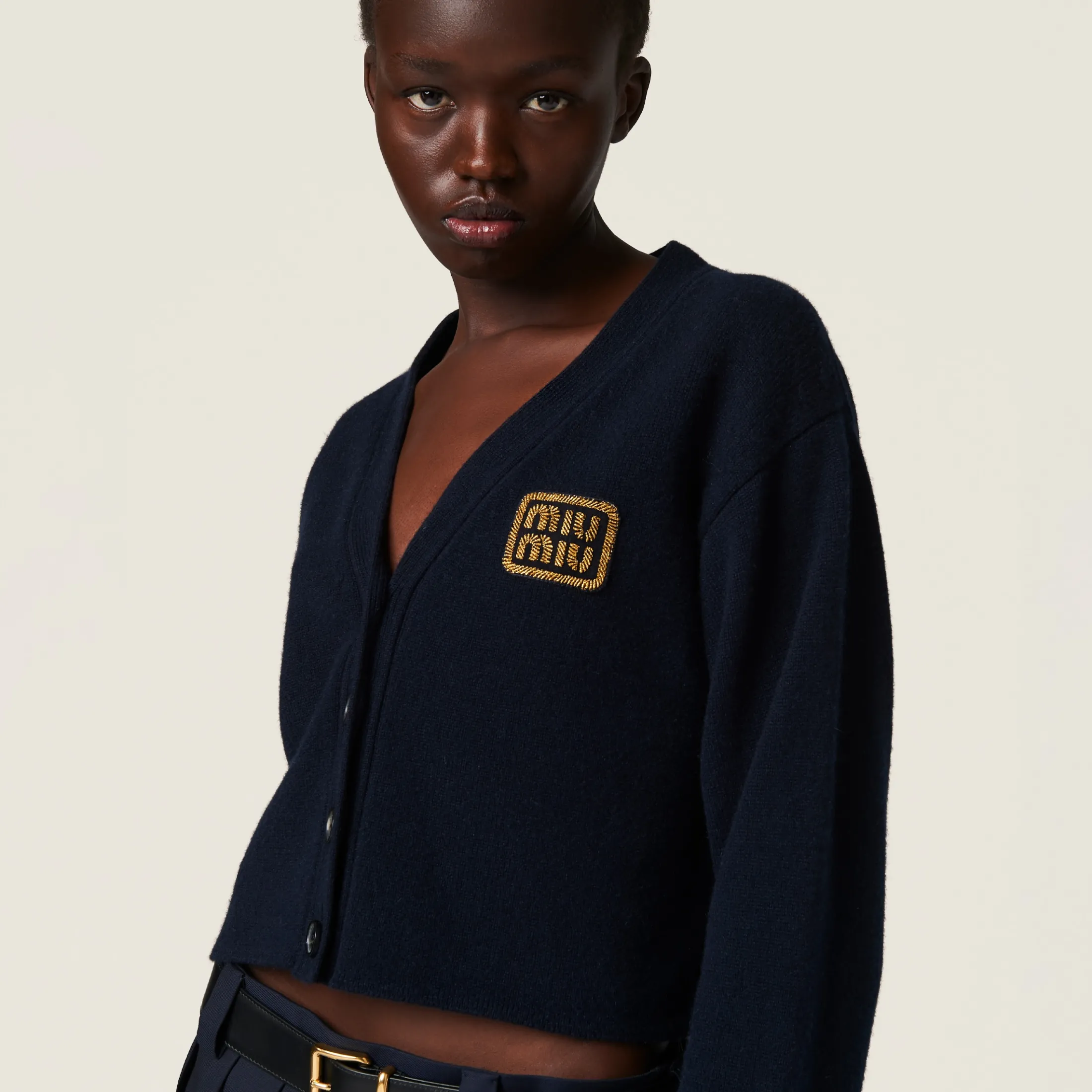 Navy Cashmere Knit Cardigan | Miu Miu