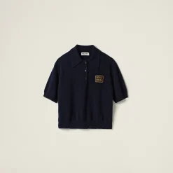 Navy Cashmere Knit Polo Shirt | Miu Miu