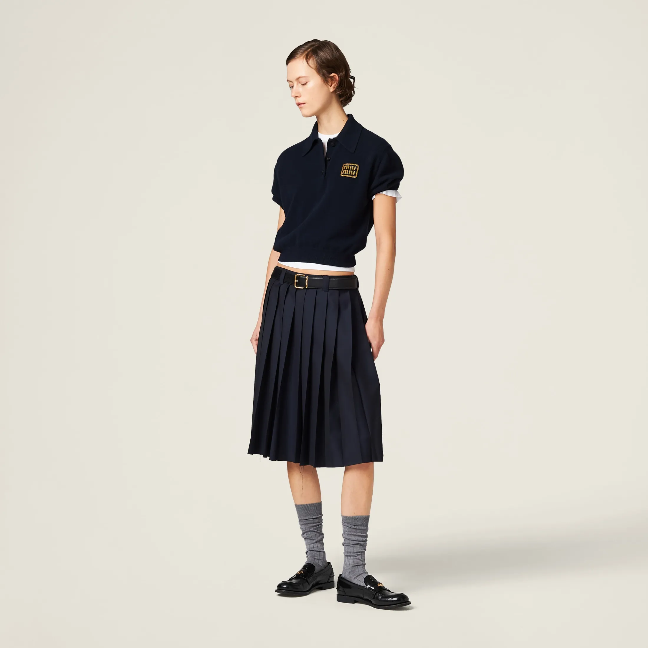 Navy Cashmere Knit Polo Shirt | Miu Miu