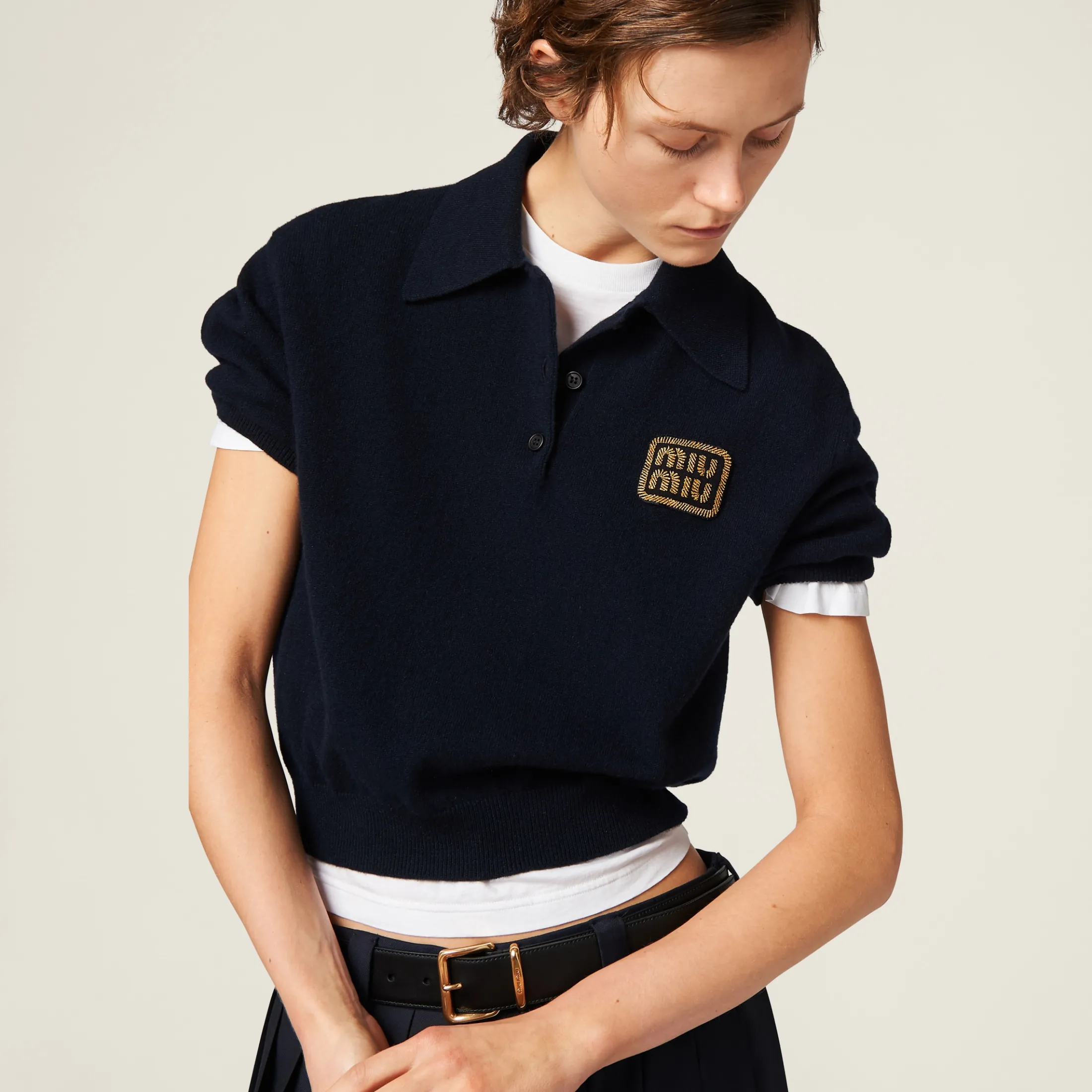 Navy Cashmere Knit Polo Shirt | Miu Miu