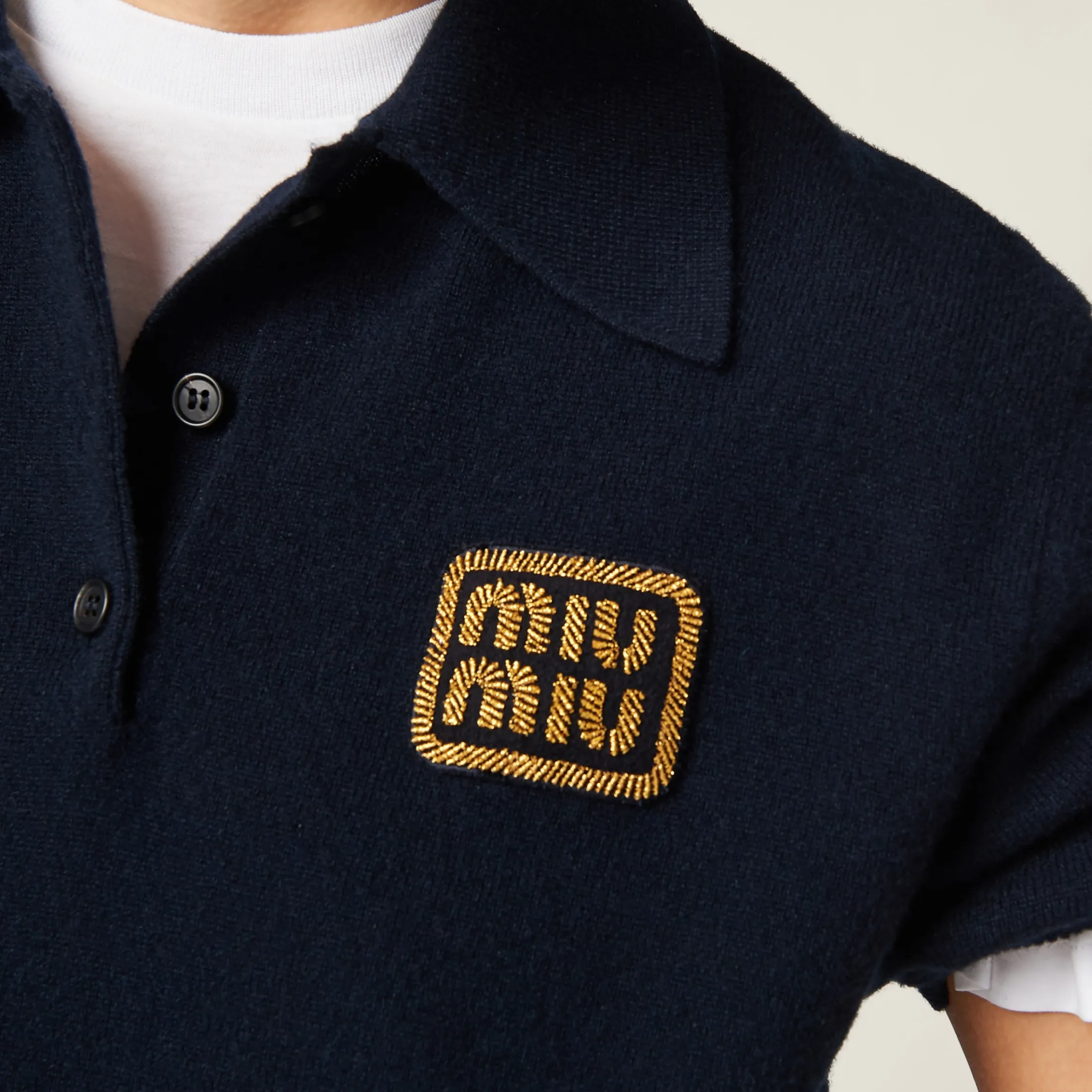 Navy Cashmere Knit Polo Shirt | Miu Miu