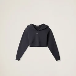 Navy Cotton Fleece Sweatshirt With Embroidered Logo | Miu Miu