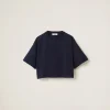 Navy Cotton Jersey T-shirt With Embroidered Logo | Miu Miu