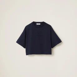 Navy Cotton Jersey T-shirt With Embroidered Logo | Miu Miu