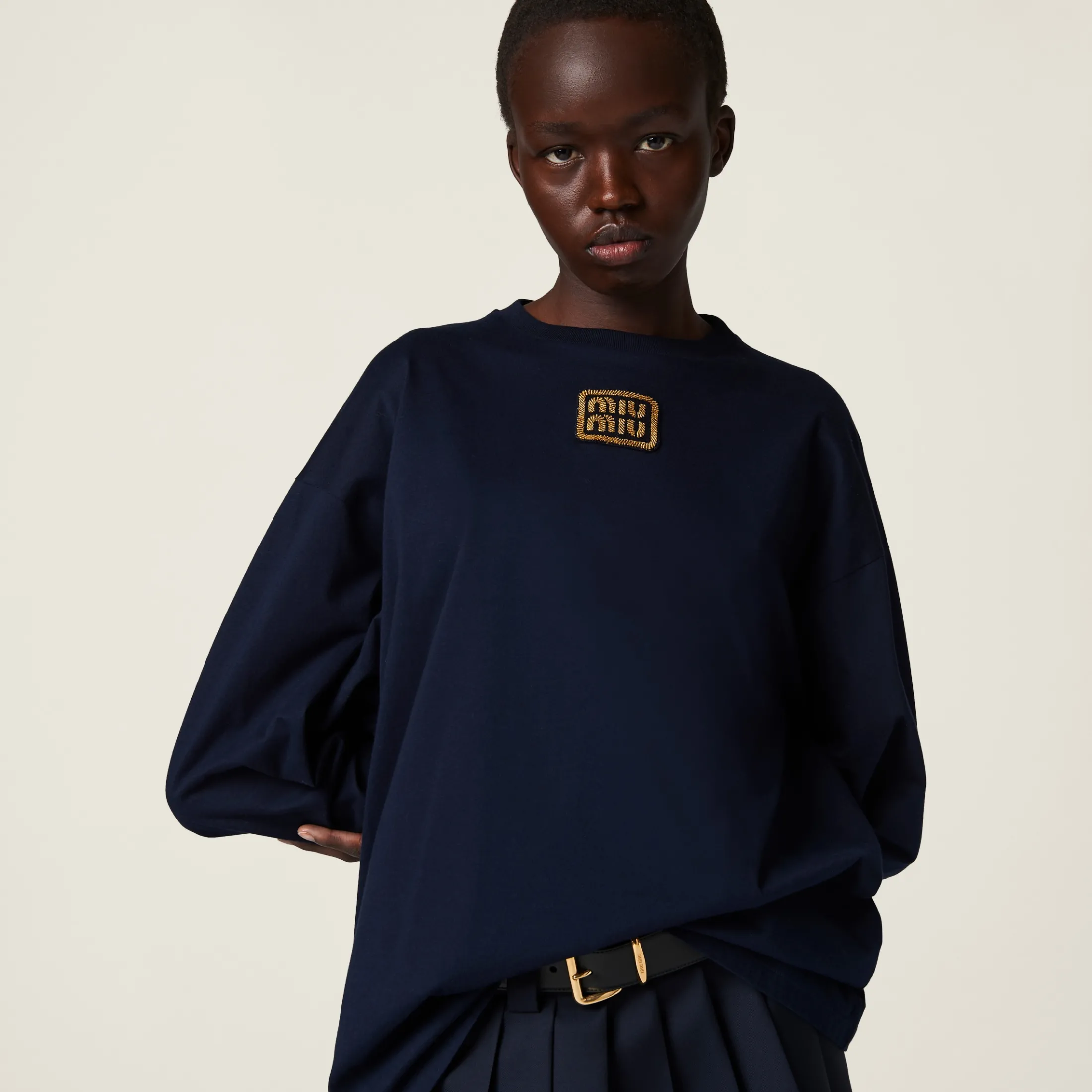 Navy Cotton Jersey T-shirt | Miu Miu