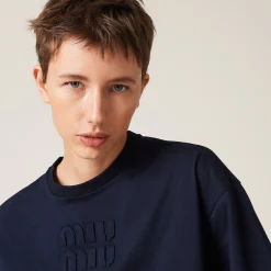 Navy Cotton Jersey T-shirt With Embroidered Logo | Miu Miu