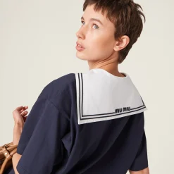 Navy Cotton T-shirt | Miu Miu