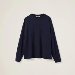 Navy Cotton T-shirt With Embroidered Logo | Miu Miu