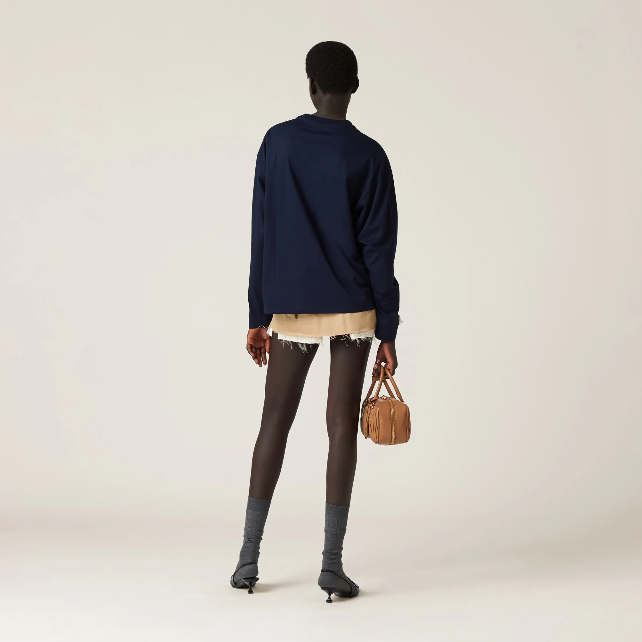 Navy Cotton T-shirt With Embroidered Logo | Miu Miu