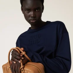 Navy Cotton T-shirt With Embroidered Logo | Miu Miu
