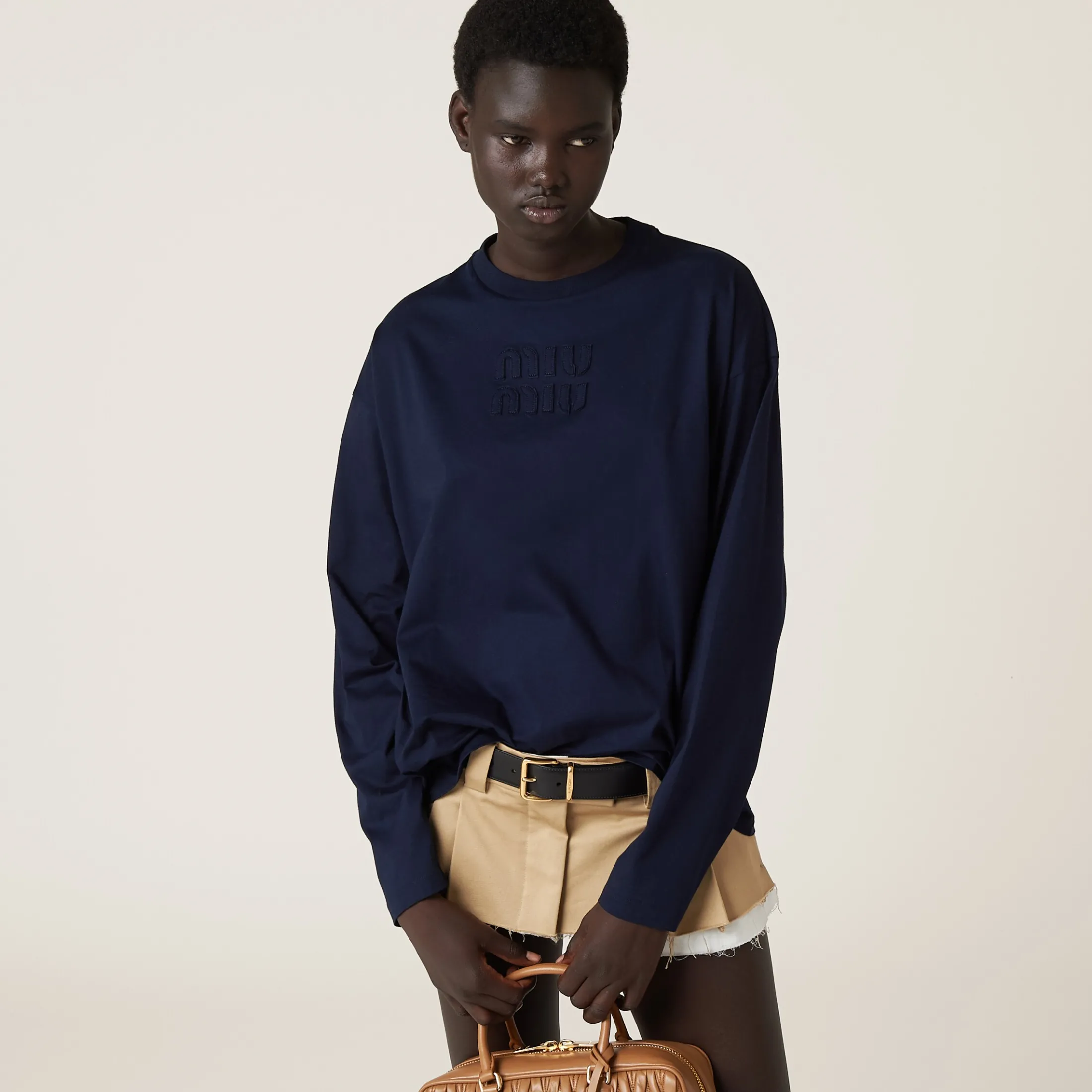 Navy Cotton T-shirt With Embroidered Logo | Miu Miu
