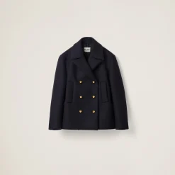 Navy Double-breasted Cloth Peacoat Jacket | Miu Miu