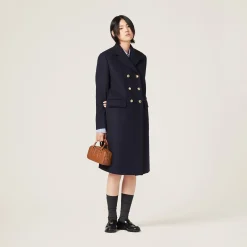Navy Double-breasted Cloth Coat | Miu Miu