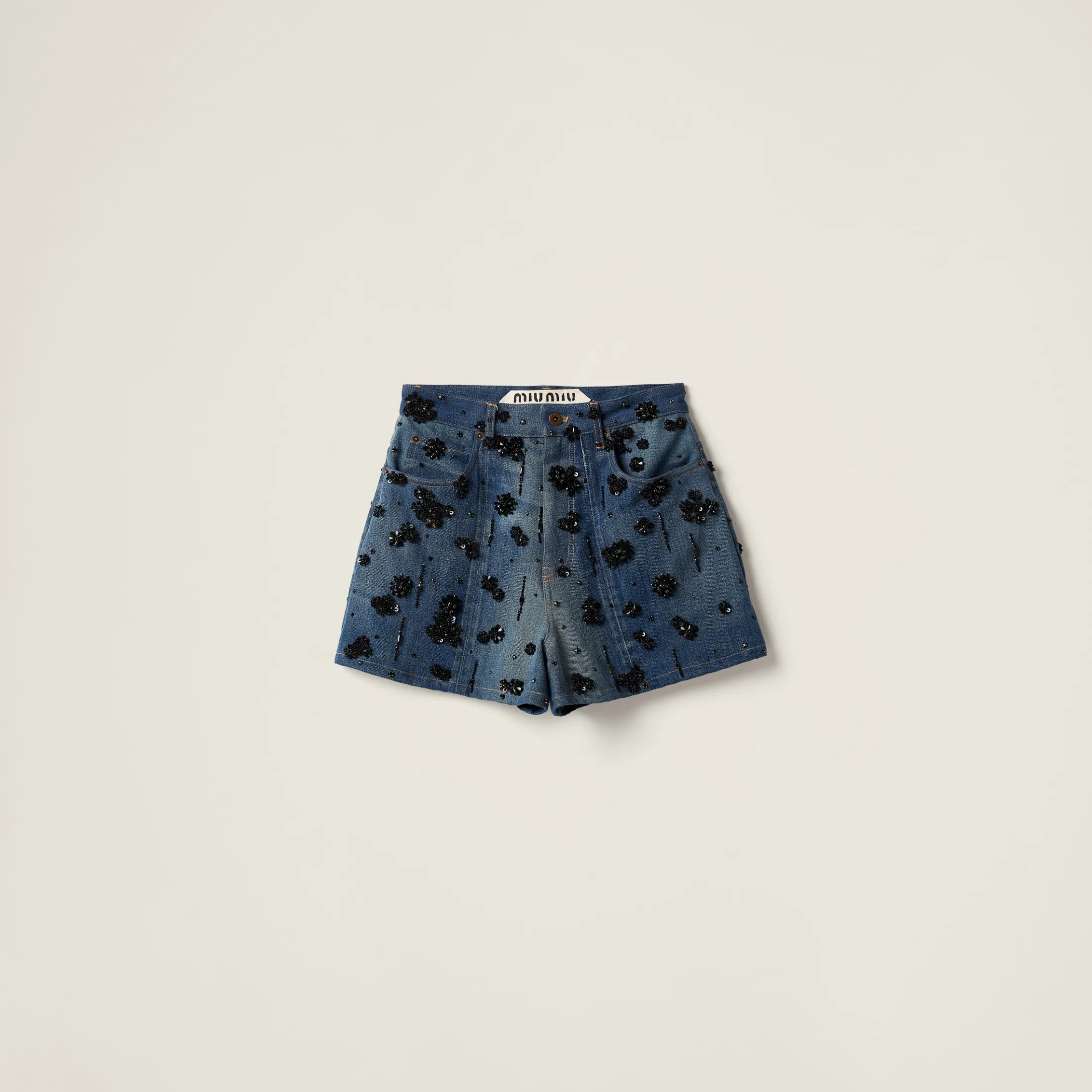Navy Embellished Denim Shorts | Miu Miu